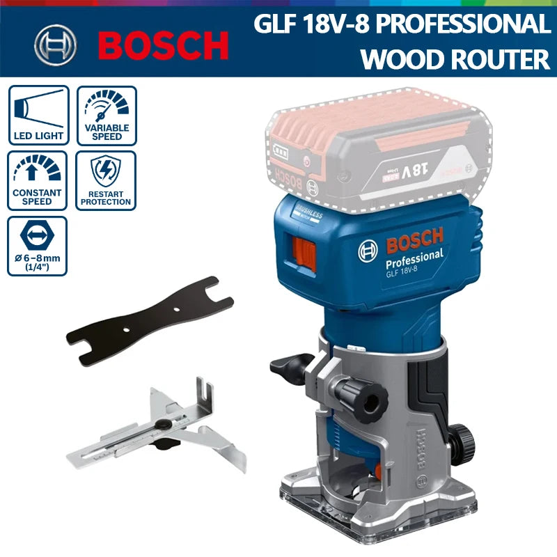 BOSCH Professional Grade Blue-Black-Gray Body 18V Battery-Powered Air-Flow Cooling Ventilation Design Cordless Brushless Wood Router Accessories /Colors-Blue/Black/Gray