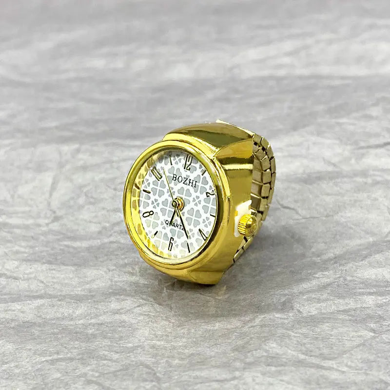 Unisex Metal Vintage Round Finger Watch Glass Mirror Quartz Elastic Band Charm Rings/Colors-Gold/Green/Silver