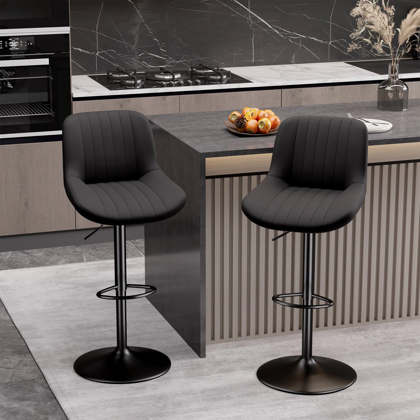 No-EN-Name-Null 2 PCS Waterproof Low Backrest Armless Upholstered Padded Shell Shaped Soft Faux Leather Fabric Seat Cushion Black Metal Round Base-Footrest Bar Kitchen-Dining Room Chair Sets /Colors-White/Beige/Gray/Black/Brown