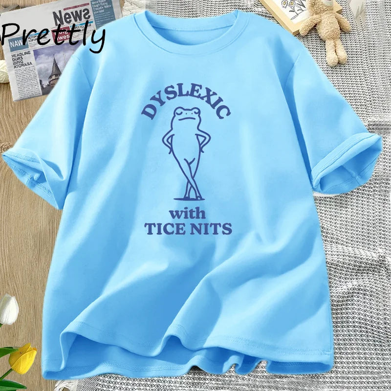 PRETTLY Women Round Neck Saying Dyslexic Tice Nits Funny Cartoon Dyslexia Bear Soft Stretchable Short Sleeve Cotton T-Shirts/Sizes S-3XL In Asian Size/Colors-Beige/Black/Gray/Green/Blue/Yellow/Pink/Red/Multicolor