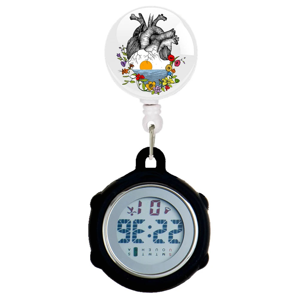 No-EN-Name-Null Waterproof Black Plastic Round Cover Glass Face Digital Display Retractable Printed Floral Anatomical Designs Nurse-Doctor Hanging Metal Alloy Fob Pocket Watches/Colors-Black/White/Pink/Blue