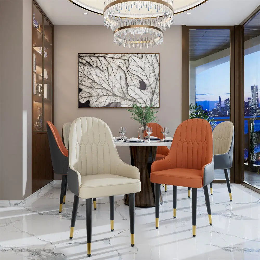 2 PCS Set LUVODI Orange-Grey Upholstered Faux Leather Dining Chairs/ Low Armrest/ Metal Legs