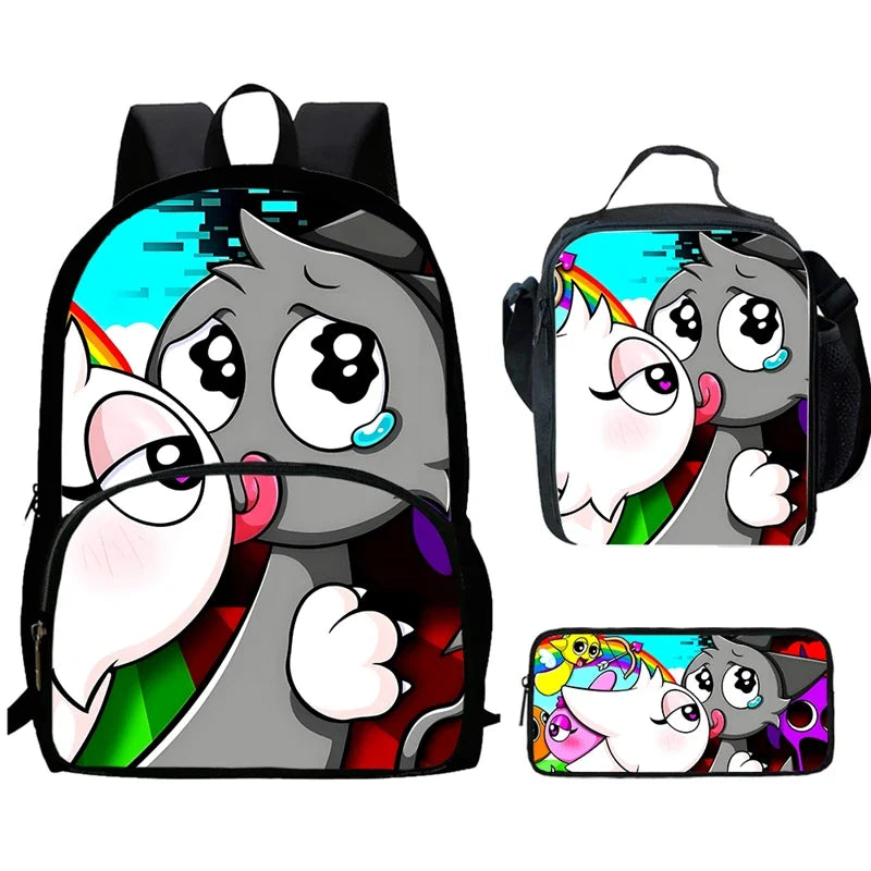 MINISO Kids Waterproof Nylon Fabric 3D Digital Print Cartoon Anime Music Box Sprunky Kids Full Mode Curved Back School Backpacks/Lunch Bag-Pencil Bag/Exterior Pockets/Laptop Compartment/Colors-White/Black/Blue/Multicolor