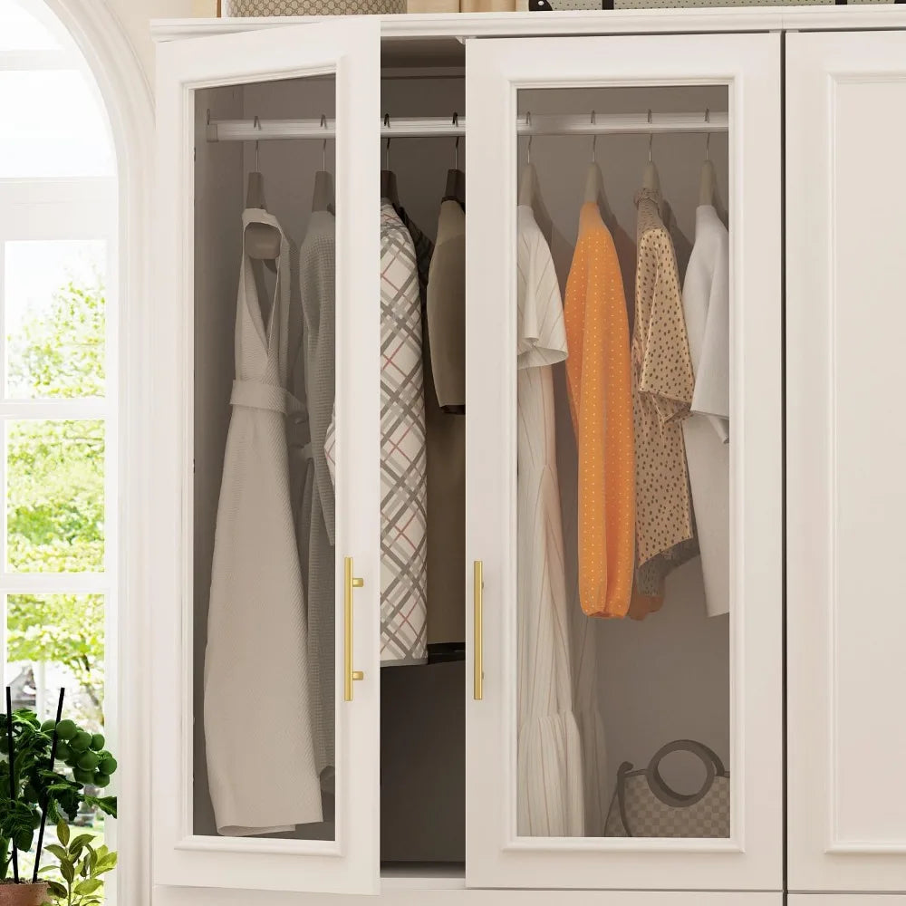 No-EN-Name-Null Modern White MDF Wood Two Glass Doors-Four Doors Three Drawers Shelved Armoires Wardrobes / 9 Metal Handles/3 Shelves/2 Silver Metal Clothes Rods/Dimensions:  L 19.3 x W 63.3 x H 74.9 Inch/Colors-White/Brown/Silver