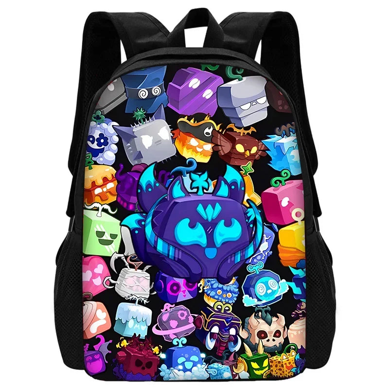TOPTOY Kids Large Waterproof Multicolor Nylon Fabric Cartoon Smiling Fruit Critters Double Zippers Polyester Lining Shoulder Straps-Handle School Backpacks Sets/Pencil Bags/External Pockets/Colors-Multicolor/Black/Purple
