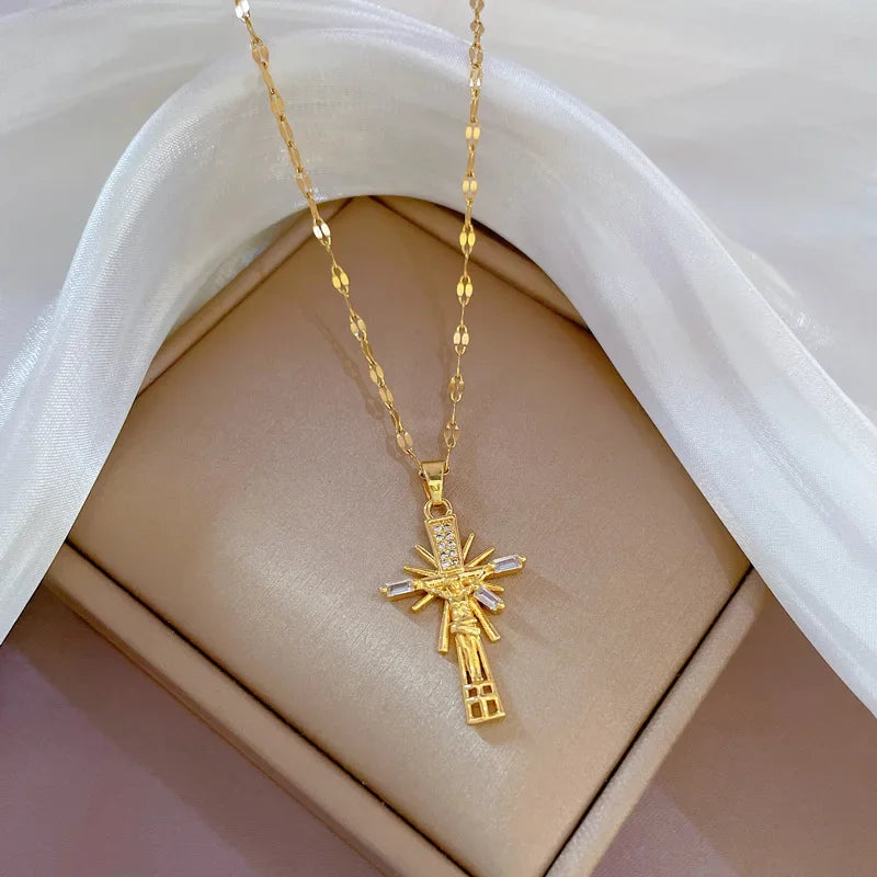 No-EN-Name-Null Women Fine Imitation Stainless Steel Gold-Plated Metal Cubic Zirconia All-Crystal Clear White Shiny Diamond Accents Stones Cross Pendant Necklaces/Colors-Brown/Clear/Green/Gold/Pink