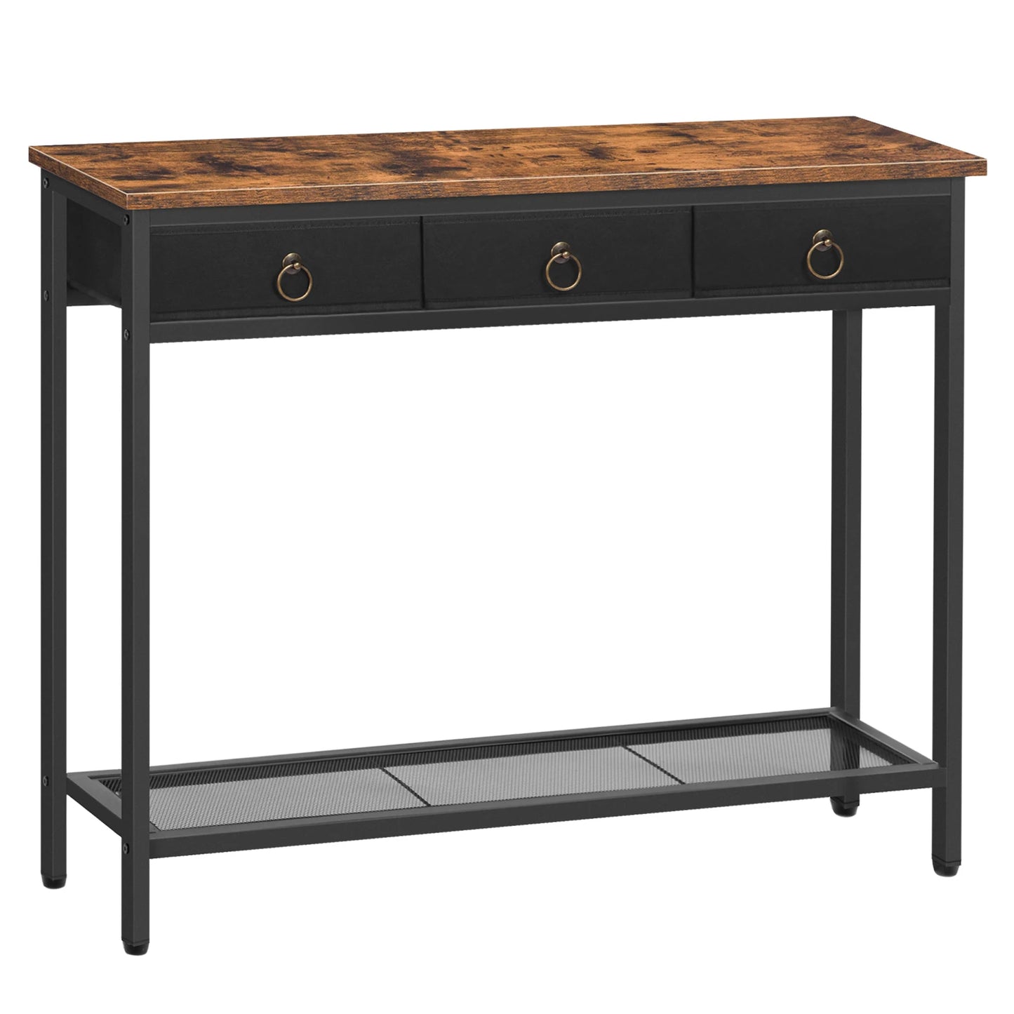 No-EN-Name-Null HOOBRO Antique Rustic Brown Rosewood Top Rectangle Shaped Black Metal Frame Narrow Entryway Console Tables/ 2 Drawers/ 2 Shelves