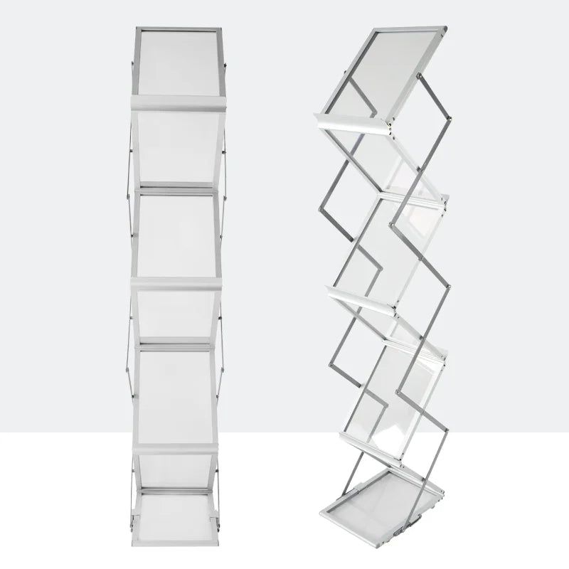 ENNJOI Modern 3-Tier Free-Standing Silver Aluminum Metal Framed Foldable Bookshelves Storage Magazine Rack Holders/ Size: W x L x H /25cm  x 35cm  x  149cm