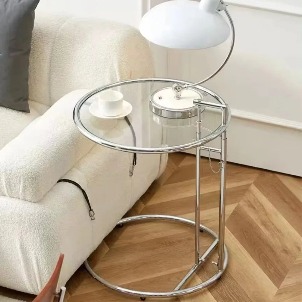 No-EN-Name-Null  Modern Round Shaped Liftable Clear Glass Tabletop C-Shaped Silver Stainless Steel Frame End Tables/Colors-Transparent Color/Gray/Brown