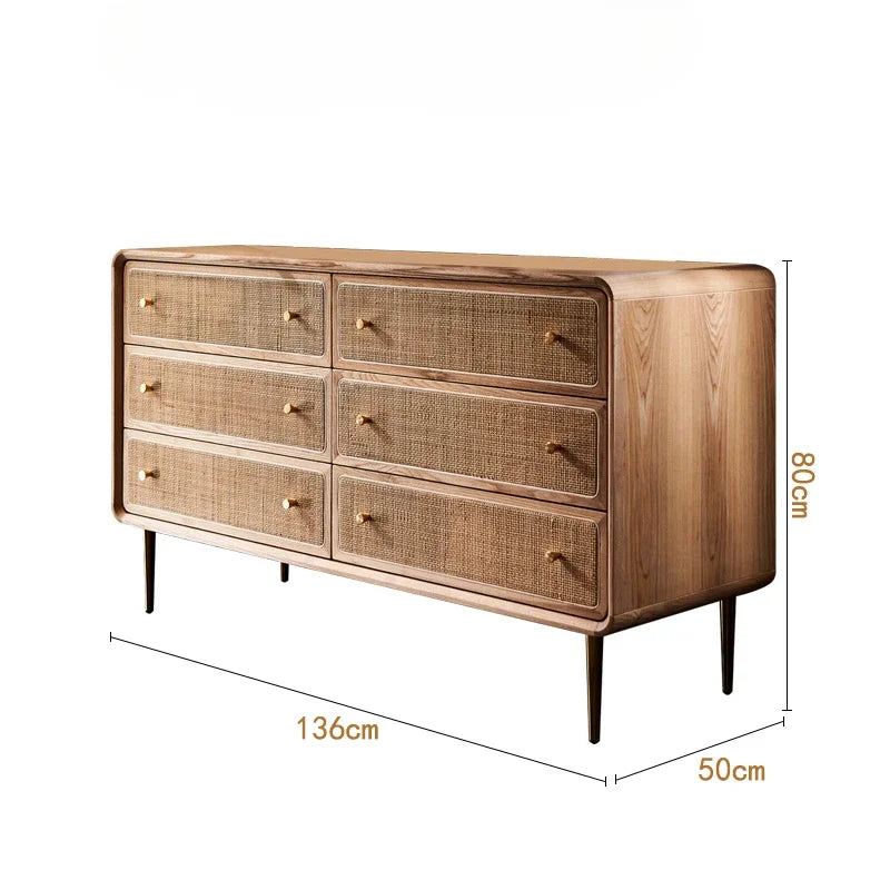 Brown Kitchen Storage Rattan Wood Sideboard w /Drawers/Doors