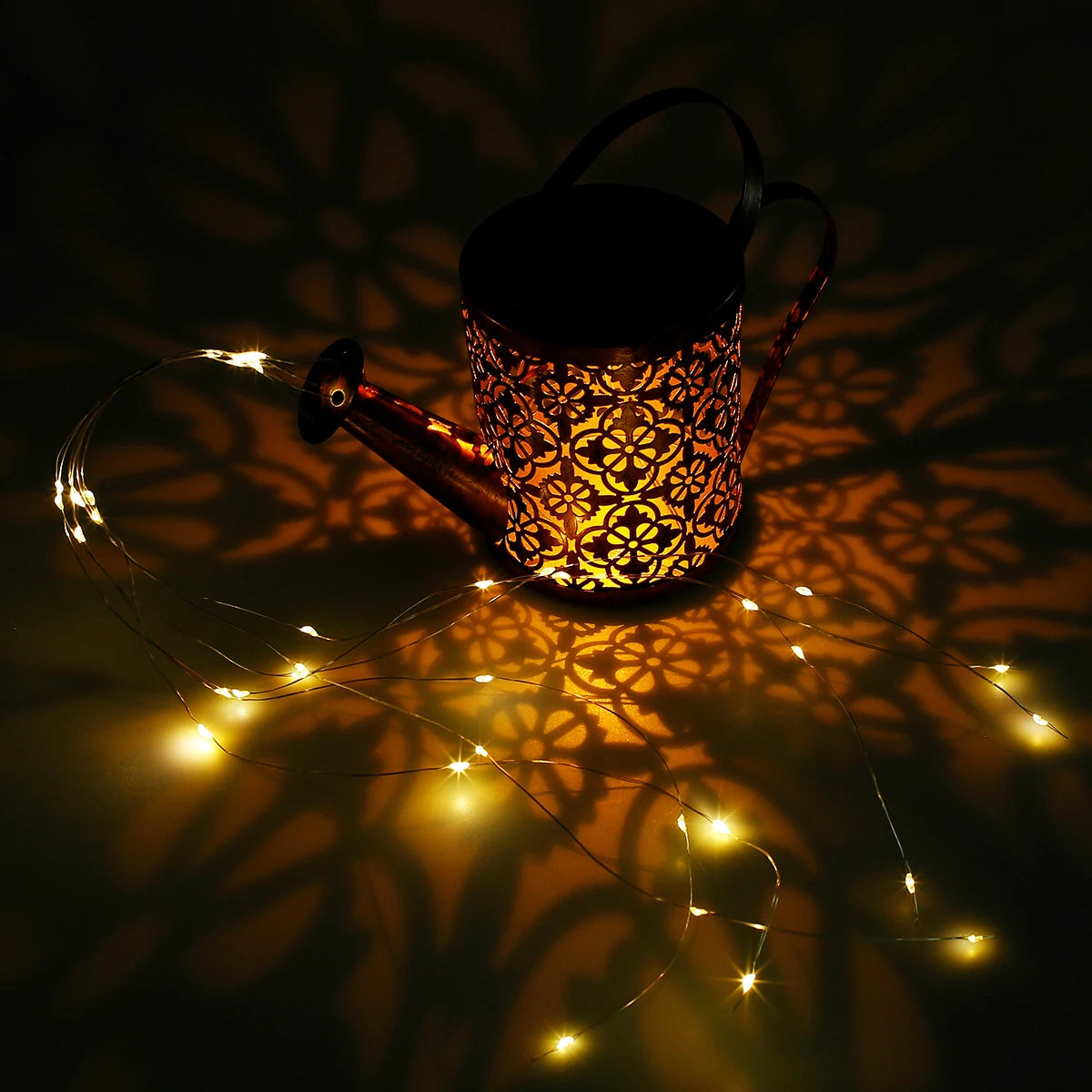 No-EN-Name-Null Outdoor Garden Waterproof Smart Light Control Switch Warm White LED Solar-Powered Removable G-Type Hook Floral Pattern Black-Bronze Watering Kettle Can Shaped Design Light Ropes-String Lights/Colors-Black/Bronze/Floral/Multicolor