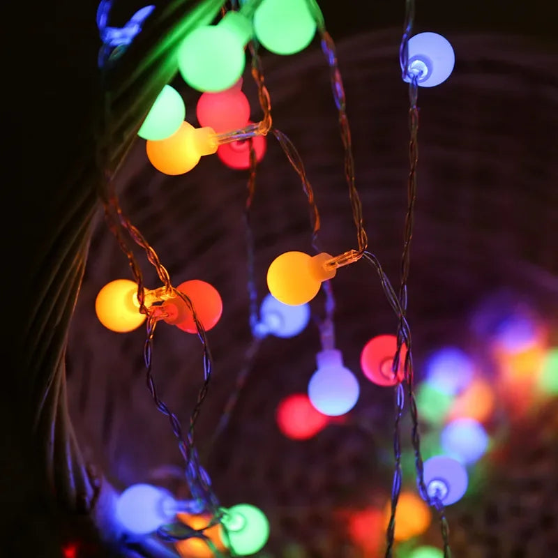 OKAL-RED-EAST Indoor-Outdoor Warm White LED Glowing Round Ball AC-Powered Light Ropes-Strings /USB Plug/3 AA Batteries Not Included/Colors-White/Yellow/Red/Multicolor/Shapes: Stars/Balls/Snowflakes
