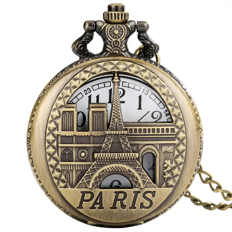 WECIN Adults Quartz Analog Display Glass Face Arabic Numeral Hollow-Out Bronze Round Shaped Metal Alloy Case Paris-Eiffel Tower-Notre Dame-LE LOUVRE Design Chain-Pocket Watches
