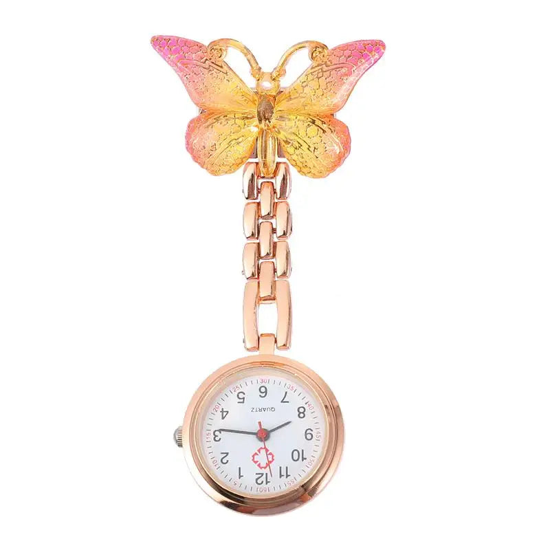 No-EN-Name-Null Adults Metal Alloy Round Shaped Digital Quartz White Face Black Numbers Butterfly-Flower Floral Styles Hanging Locked Pin-On Lapel Nurses Fob Pocket Watches