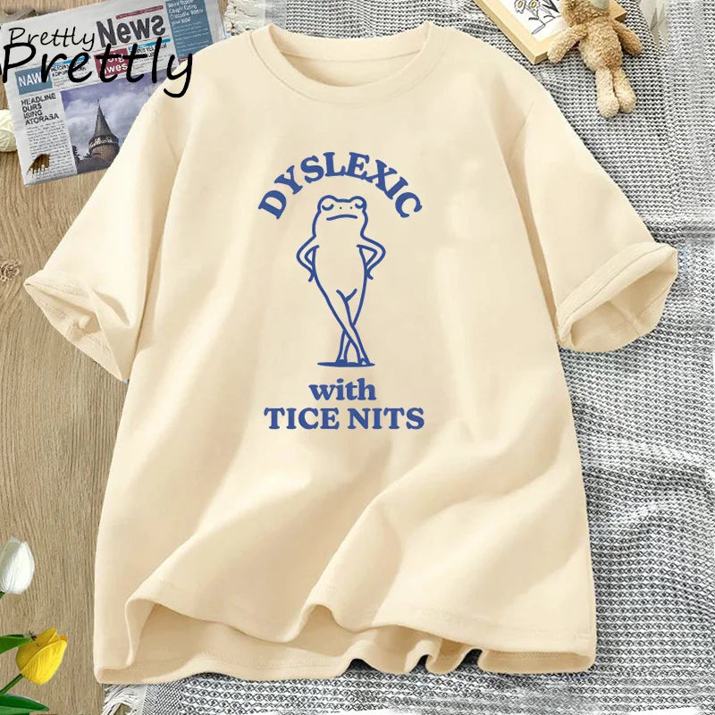 PRETTLY Women Round Neck Saying Dyslexic Tice Nits Funny Cartoon Dyslexia Bear Soft Stretchable Short Sleeve Cotton T-Shirts/Sizes S-3XL In Asian Size/Colors-Beige/Black/Gray/Green/Blue/Yellow/Pink/Red/Multicolor