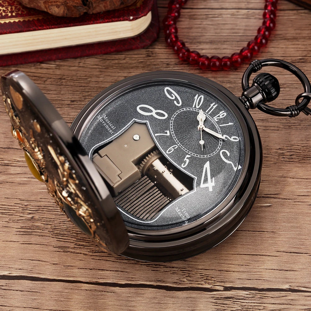 YISUYA Adults Men Quartz Acrylic Face Round Case Analog Display Black Background Gold Planets-Stars-Astronaut-Space Capsule-Shuttle-Satellites-Lunar Roving Vehicle Two Orange-Dark Green Stones Chain-Pocket Watches