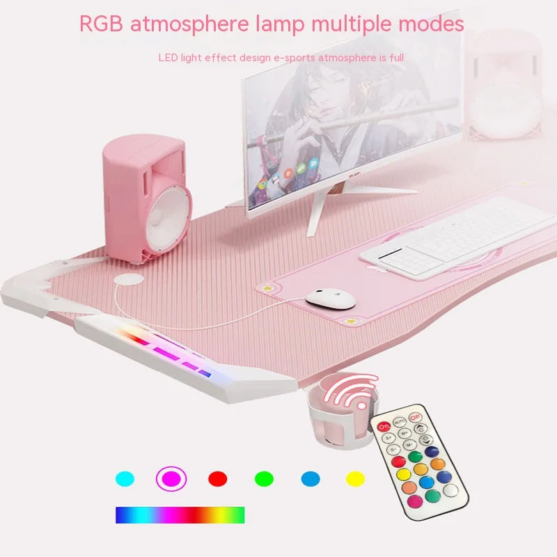 NULL Pink-Black Bamboo Wood Z-Shaped Design Rectangle Shaped Top LED-RGB Lights Gaming Computer Desks/Water Cupholder/Adjustable Feet/Remote Control/ Size: 80/100/120CM