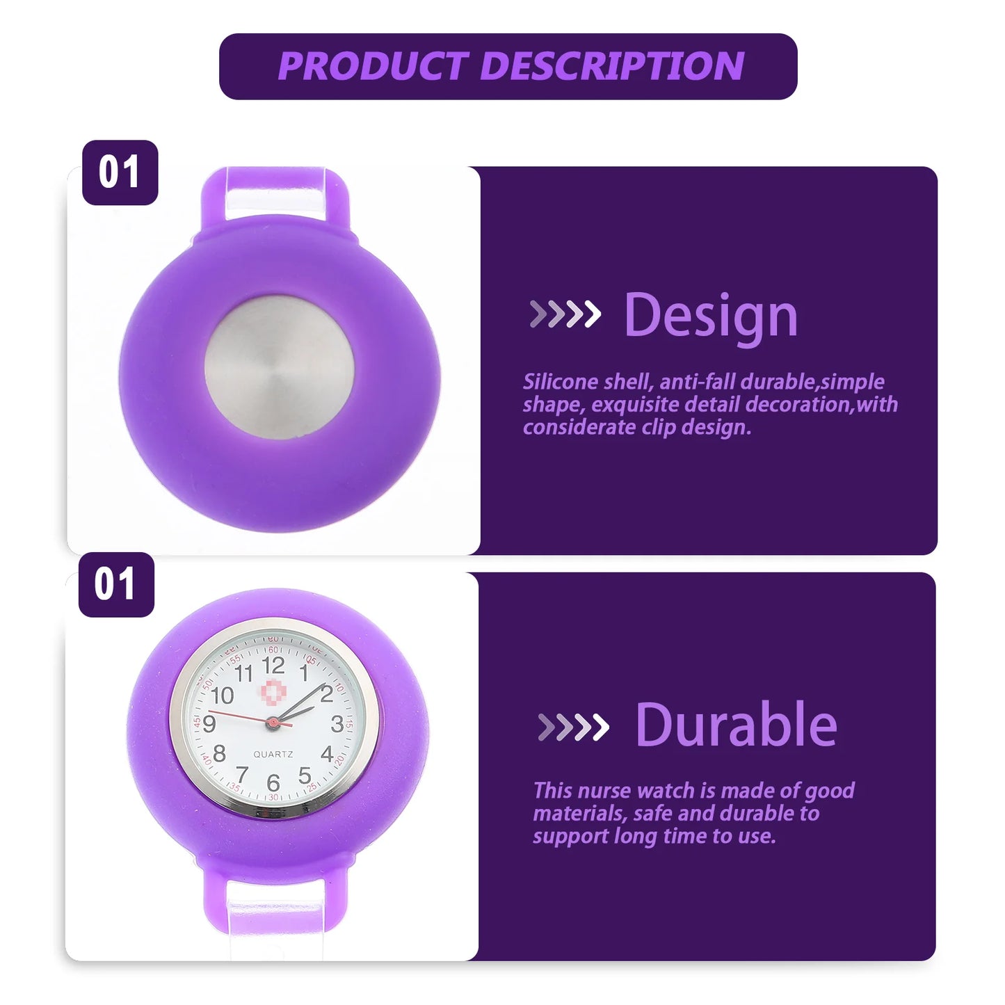 No-EN-Name-Null Adult Women Waterproof Nurses-Doctors White Face Black Numbers Purple Silicone Covered Metal Alloy Glass Face Touch Screen Digital-Analog Display Clip-On Fob Pocket Watches/Colors-Purple/White/Dark Blue