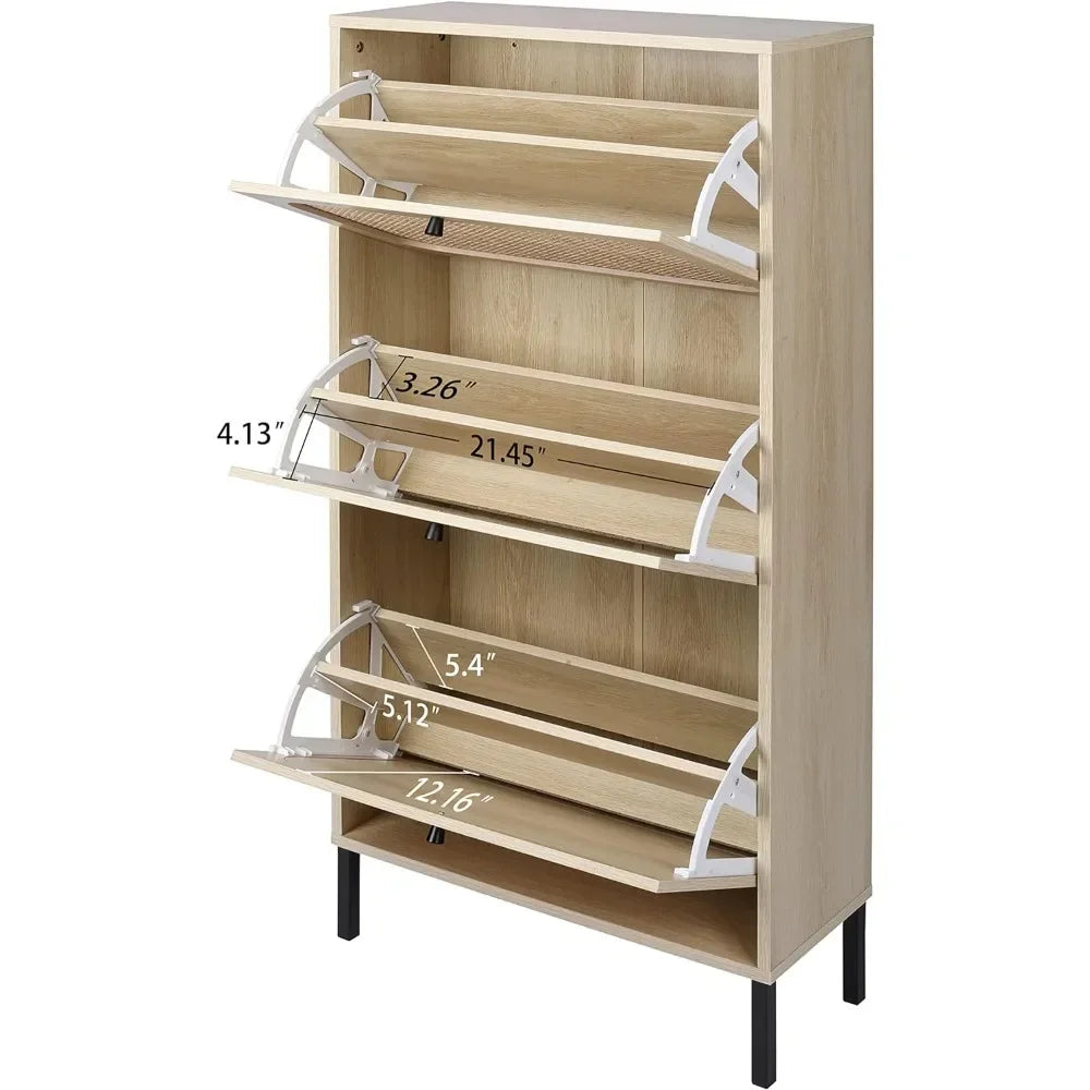 ANGDUO Indoor Beige-Black Natural Rattan 3 Tiers Flip-Out Drawers Free Standing Four Black Metal Feet Shoe Organizers/Product Dimension:9.45"D x 23.6"W x 48.9"H/ Product Weight:41lbs/Assembly Required/Storage Options Also