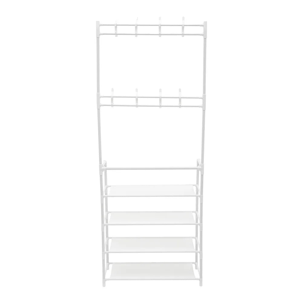 LIVING-HOME Entryway White Metal Frame Four Fabric Shelves Shoes-8 Coat Hooks Stands Storage Cabinets-Lockers /Dimensions: 60cm W x 28cm D x 158cm H