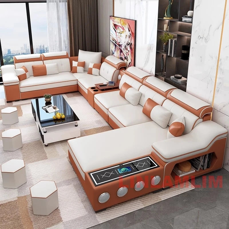 MANBAS Modern Gray U-Shape Corner Medium Firm Soft Comfortable Fabric Sectional Sofa Sets/ Chaise Lounge/ Bluetooth Speakers/ USB Charging Ports/4 Stools/Colors-Blue/Dark Blue/Dark Gray/Light Gray/Off White/Beige/NO Table