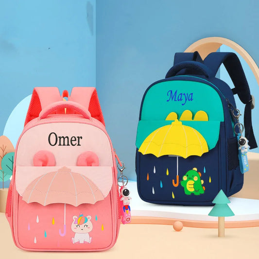 Kids Kindergarten Waterproof Blue Nylon Fabric Exterior Front Flap Pocket 3D Cartoon Animal Umbrella Design Personalized Embroidered Name  Zipper Polyester Lining Straps-Handle School Backpacks/ Phone Pocket/Colors-Pink/Blue/Multicolor