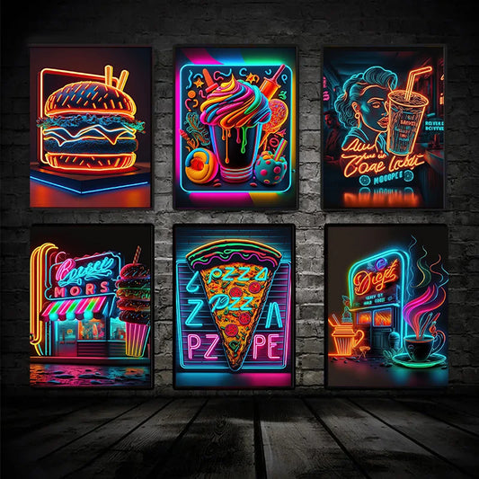 Unframed Modern Cotton Canvas Cartoon Neon Fast Food/Soft Drinks Prints/Colors-White/Blue/Multicolor
