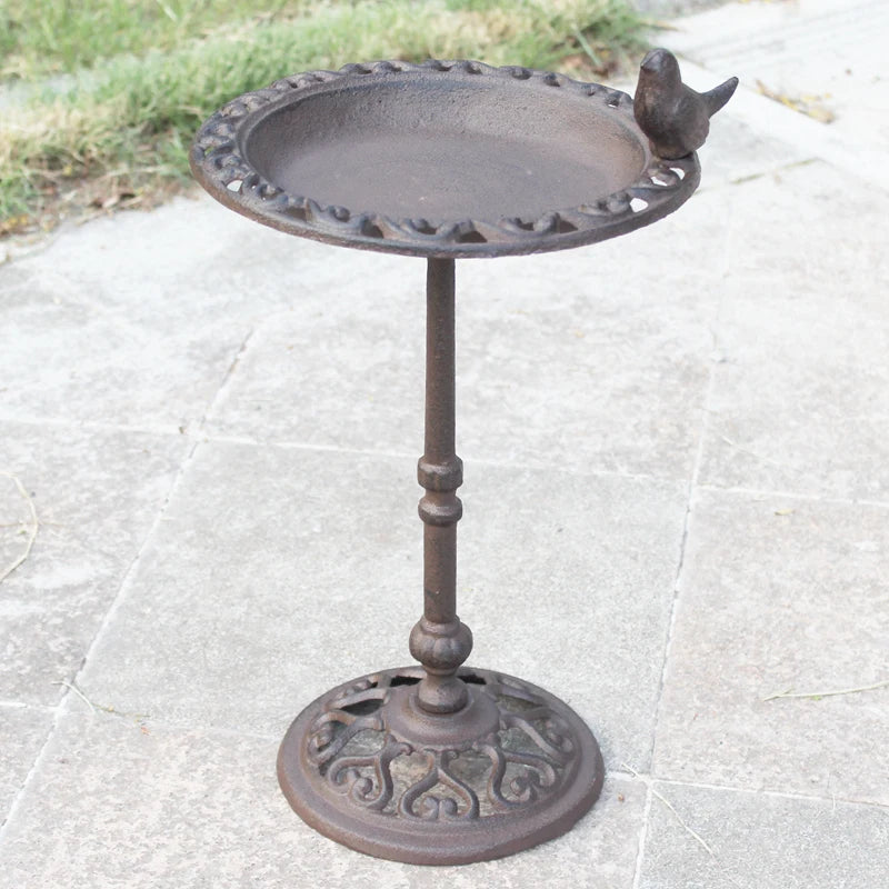 No-EN-Name-Null Outdoor Garden Free-Standing Farm House Style One Bird On-Brown Cast Iron Metal Rustic Brown Cast Iron Standing Big Hollow Round Bottom Base Bird Feeders
