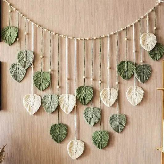 Handmade Boho Fabric Sage Green-Off-White Macrame Leaves Natural Wall Hanging Tapestries/Colors-Green/Brown