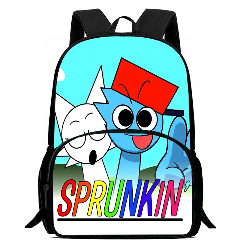 MINISO Kids Waterproof Nylon Fabric 3D Digital Print Cartoon Anime Music Box Sprunky Kids Full Mode Curved Back School Backpacks/Lunch Bag-Pencil Bag/Exterior Pockets/Laptop Compartment/Colors-White/Black/Blue/Multicolor