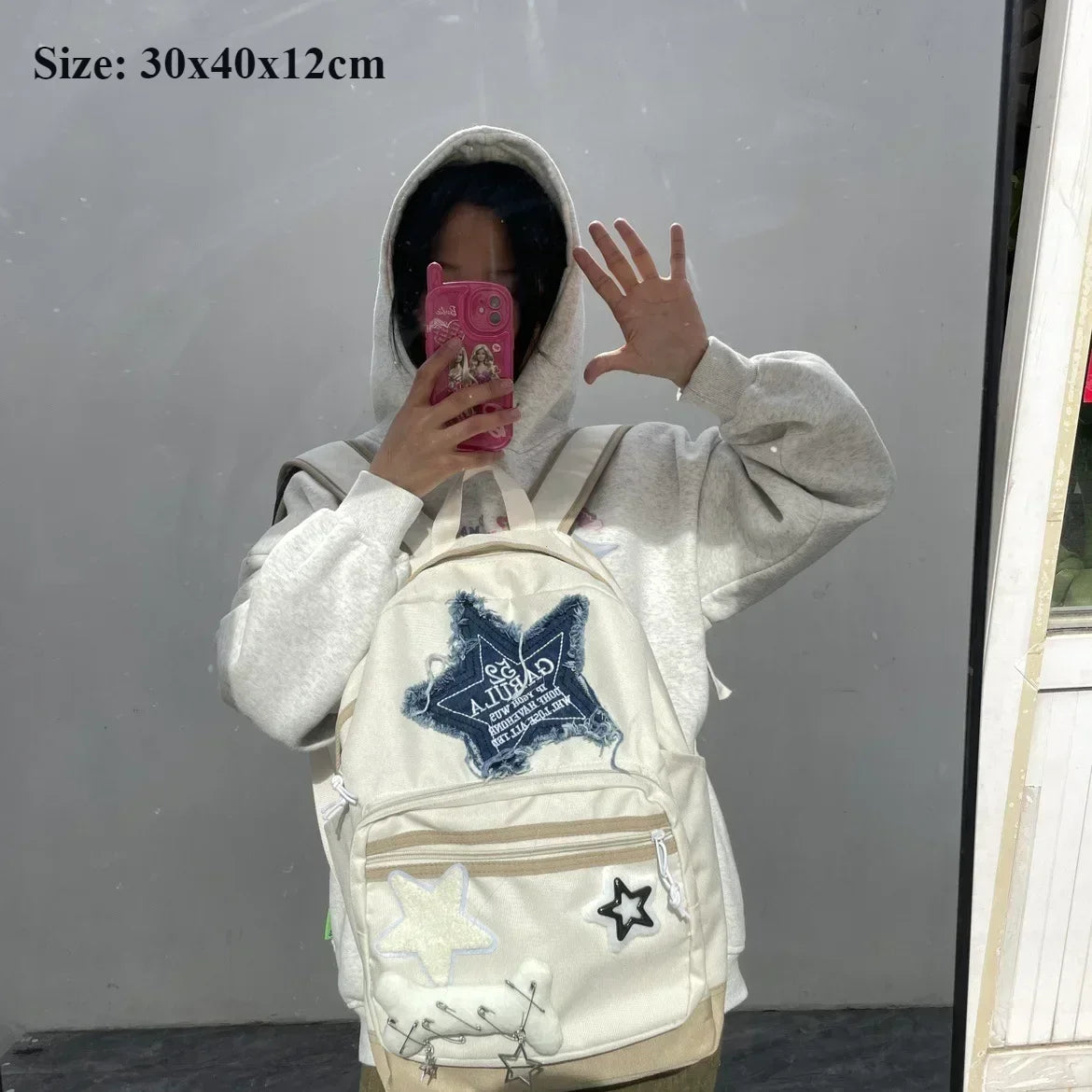 Women Waterproof Lightweight White Nylon Fabric Blue Star Korean Kawaii Design Metal Zipper Multi-Pockets Polyester Lining Two Shoulder Straps-Handles School Backpacks/14 Inch Built-In Laptop Pocket/Colors-Geometric/Beige/Pink/Green/White