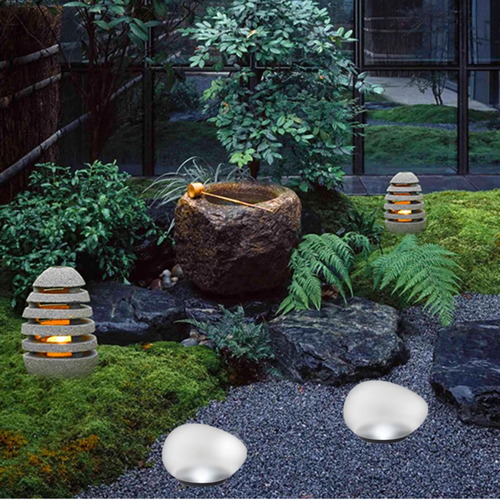 TWISTER.CK Outdoor Waterproof Solar-Powered Rechargeable Sliver Plastic-Sandblasted Glass Glowing Silver Cobble Stones Shaped Daylight-Cool White Stake Landscape Pathway Lighting /Colors-White/Brown/Yellow/Gold/Silver/Geometric