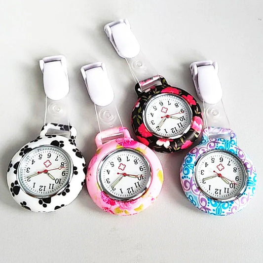 Adults Round Unisex Waterproof Nurses-Doctors Glass Mirror Face Acrylic Dial Colorful Multicolor Silicone Resin Case Clip-On Quartz Analog Display Arabic Numeral Fob Pocket Watch