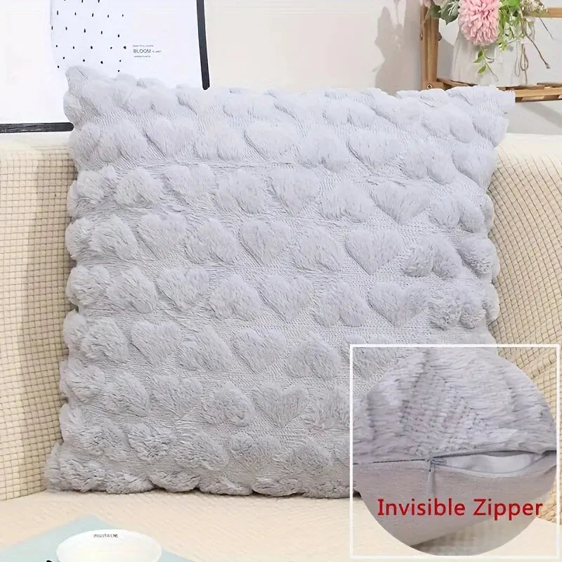 No-EN-Name-Null Modern White Solid Color Square Embossed Hearts Design Invisible Hidden Zipper Plush Soft Polyester Fabric Throw Pillow COVERS/Colors-White/Rose Red/Gray/Pink