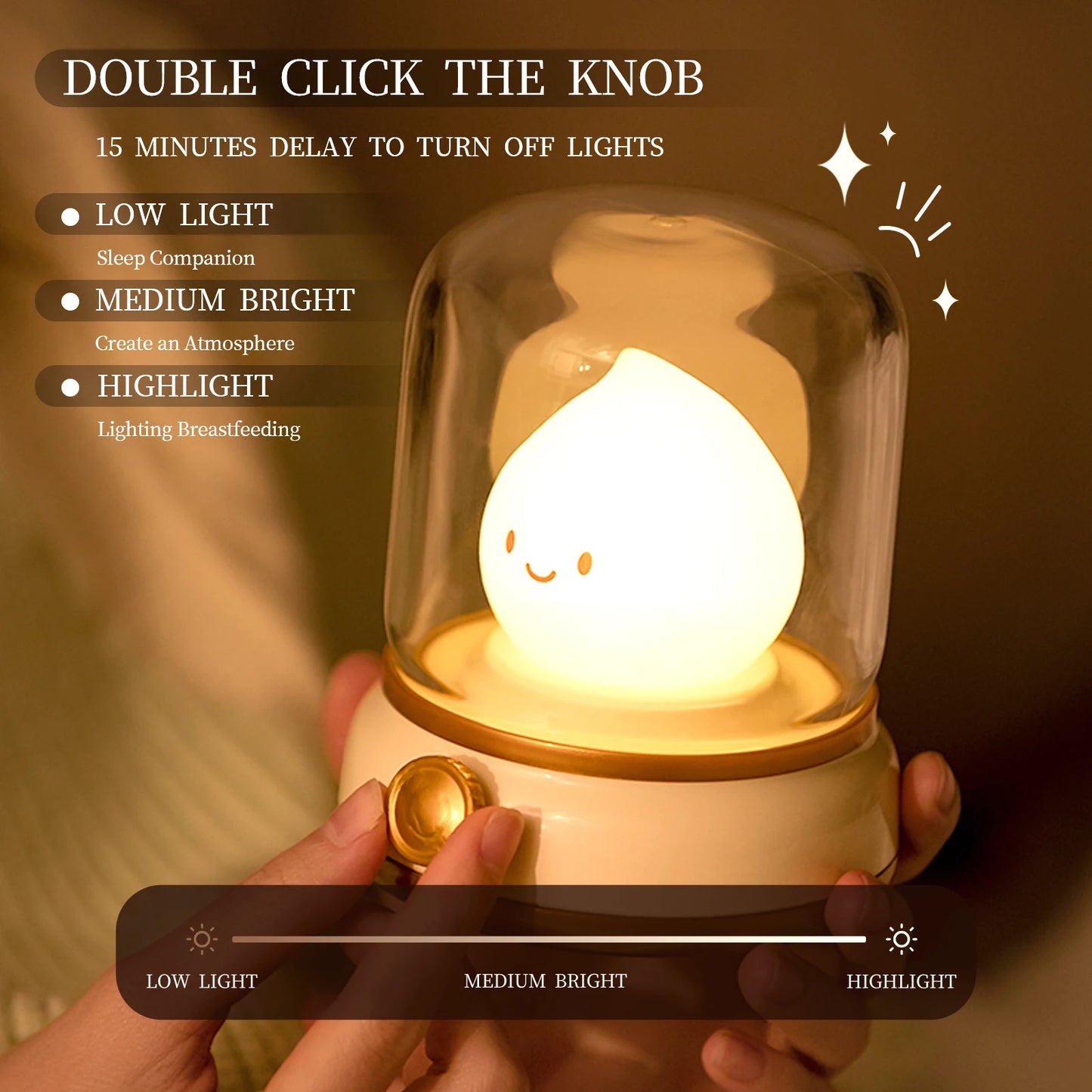 BANDIAN Kids Mini 3-Mode Warm White LED Round Clear Plastic Top Cute Cartoon Enclosed Kerosene Flame Green Bottom USB Rechargeable Lithium Battery Portable Tabletop Night Lights-Ambient Lighting/Colors-Green/White/Yellow/Clear/Batteries-Bulbs Included