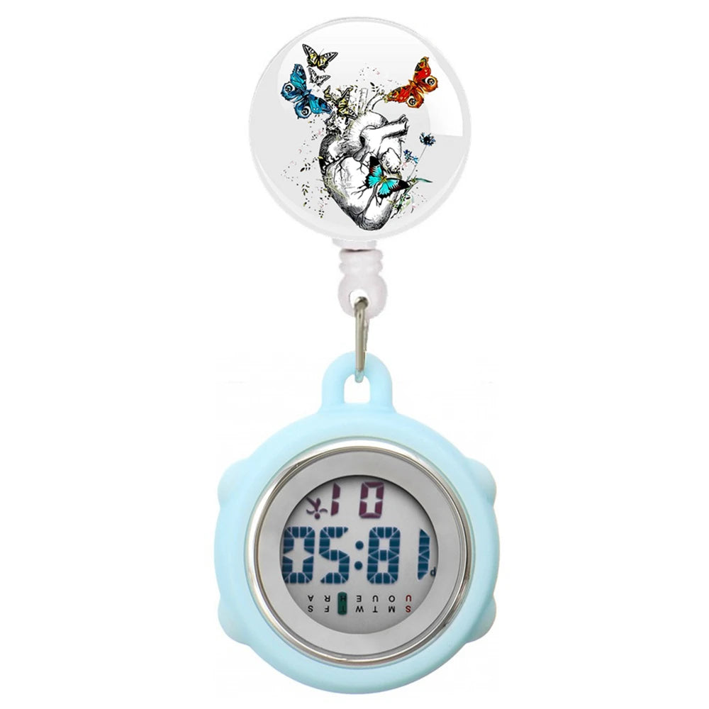 No-EN-Name-Null Waterproof Black Plastic Round Cover Glass Face Digital Display Retractable Printed Floral Anatomical Designs Nurse-Doctor Hanging Metal Alloy Fob Pocket Watches/Colors-Black/White/Pink/Blue