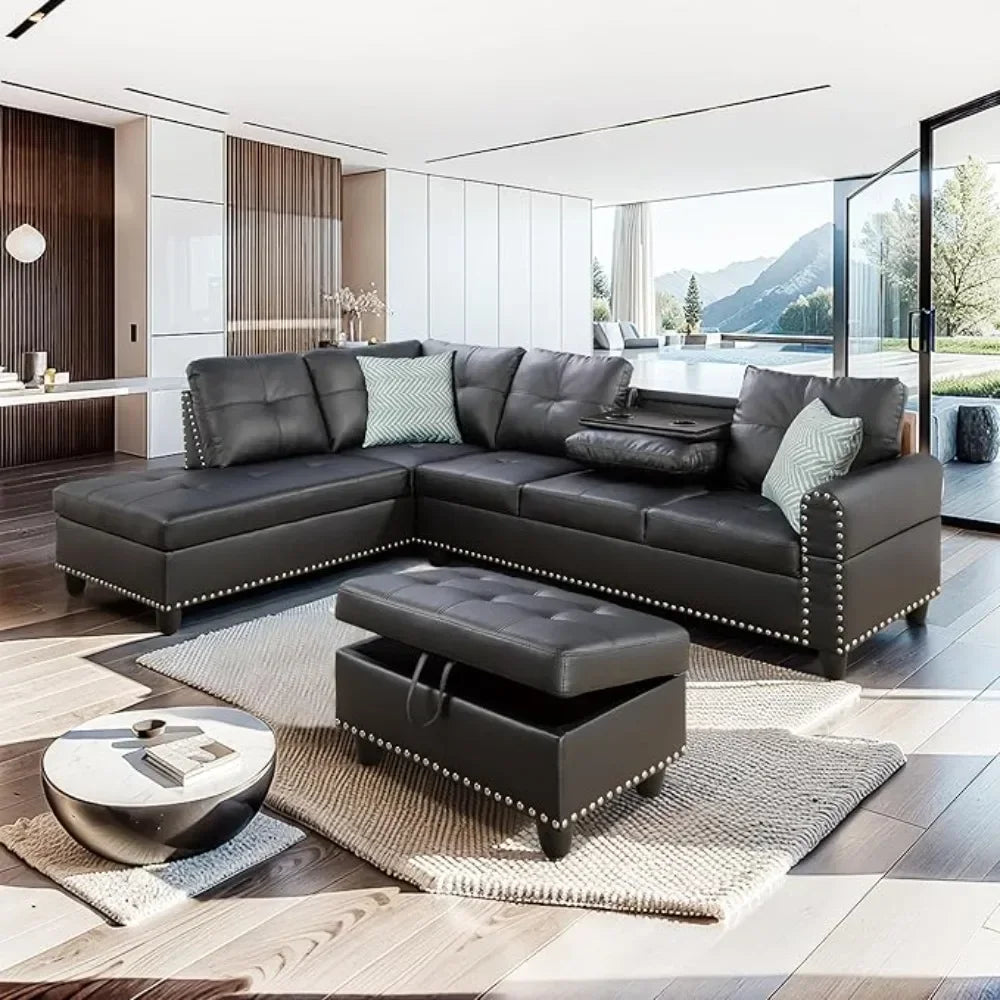 No-EN-Name-Null Modern Black L-Shaped Soft Faux Leather Fabric Cushions Sectional Sofas/ Chaise Lounge/Storage Ottoman/ 2 Cup Holders/Pillows/6-Seater Upholstered Tufting Corner