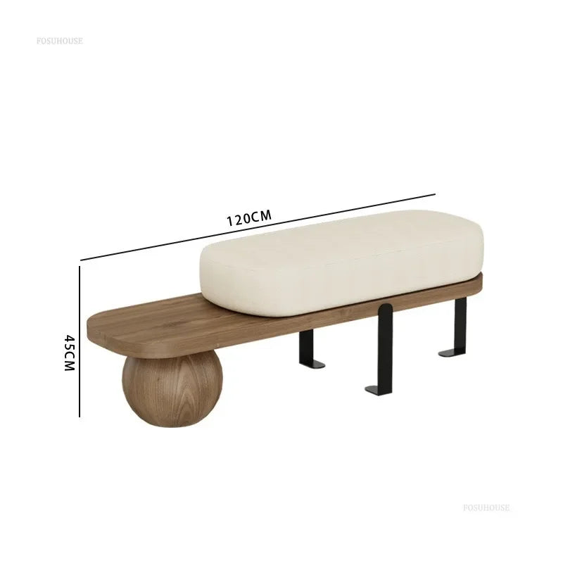 FOSUHOUSE Modern Curved Corners White Rectangle Shaped Soft Plush Thick Cushions Seat Solid Pine Wood Round Ball Sphere At The End Black Three Metal Legs Entryway Benches