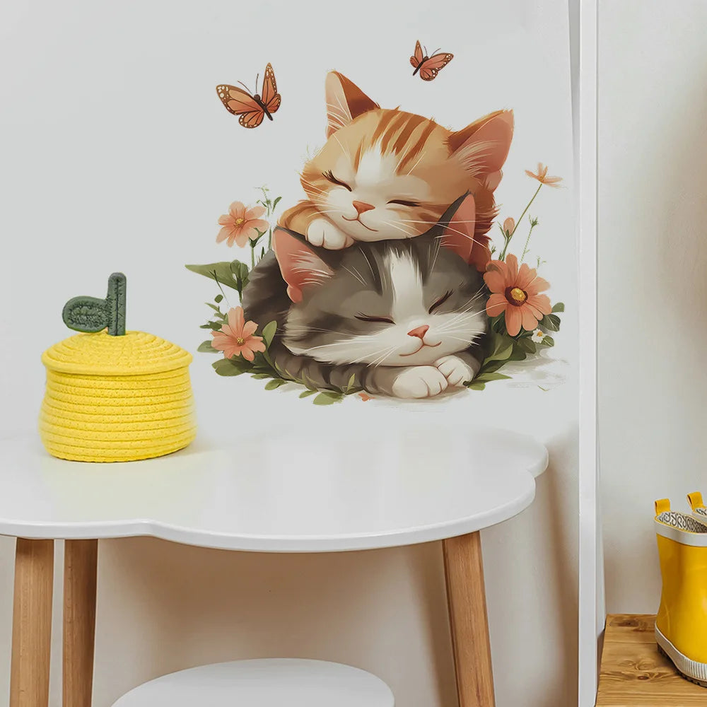 HONC Kids Waterproof Mildewproof Plastic Double-Sided Visual Multicolor Cute Cartoon Sleeping Cats Design Self-Adhesive Floral Butterflies Wall Decals/Colors-Animal/Multicolor