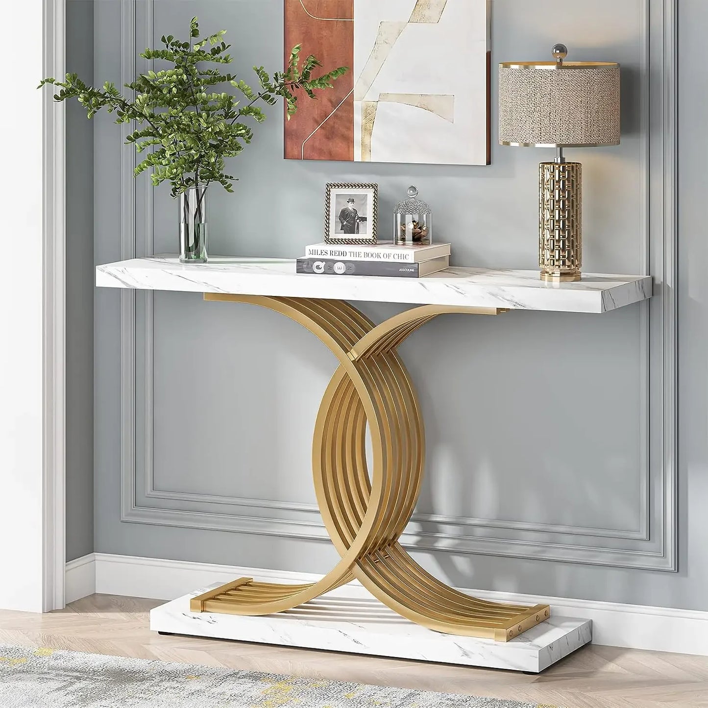 TRIBESIGNS Modern Entryway White Faux Marble Rectangle Shaped Wood Top-Bottom Rectangle Strong Sturdy Wood Base Geometric Gold Metal Frame Narrow Console Tables/Colors-White/Black/Chocolate/Dark Gray