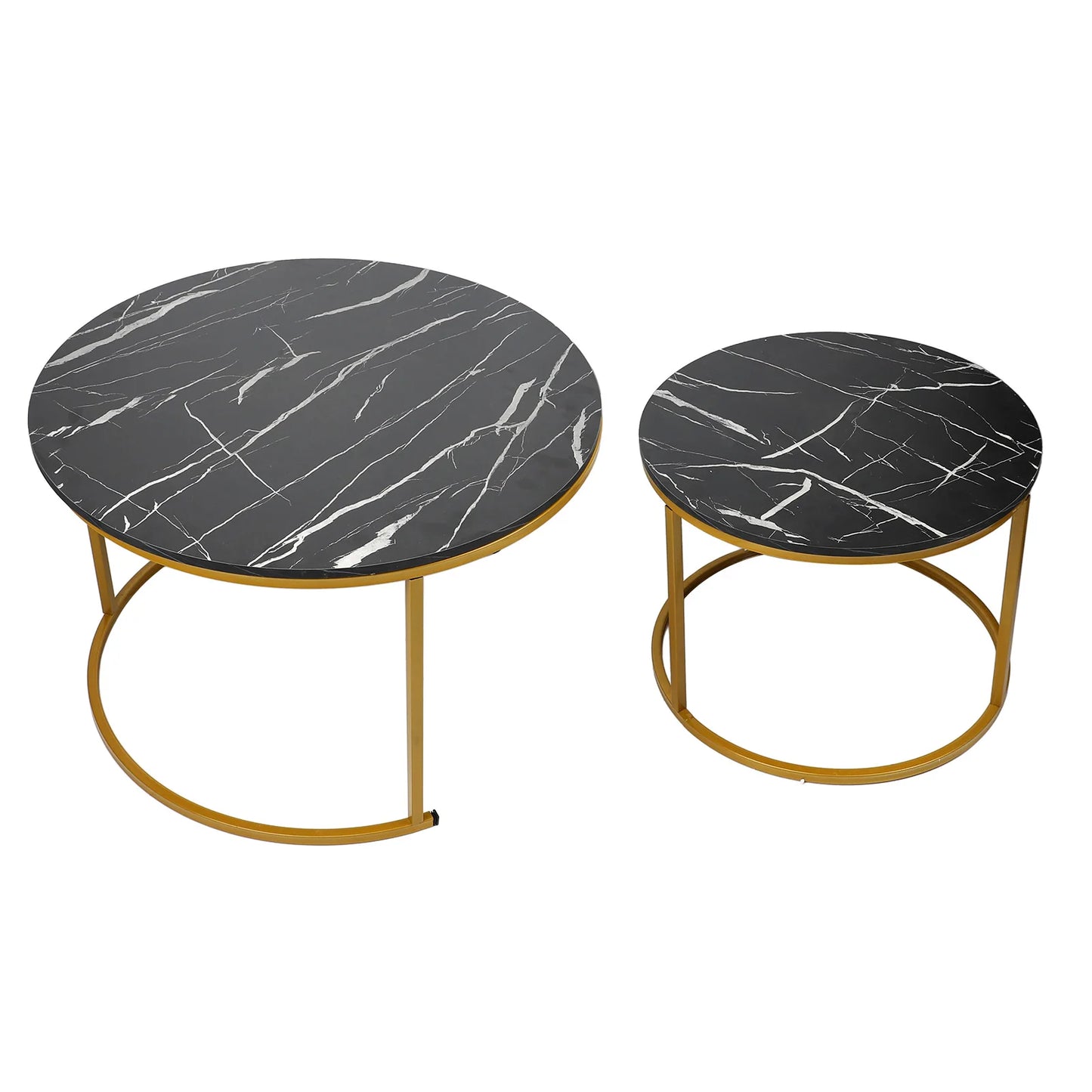 TOPINCN Modern 2 PCS Round Black Marvel White Grain Top Gold Metal Circle Frame Interlocking Stacking Coffee Table Sets/Colors-Black