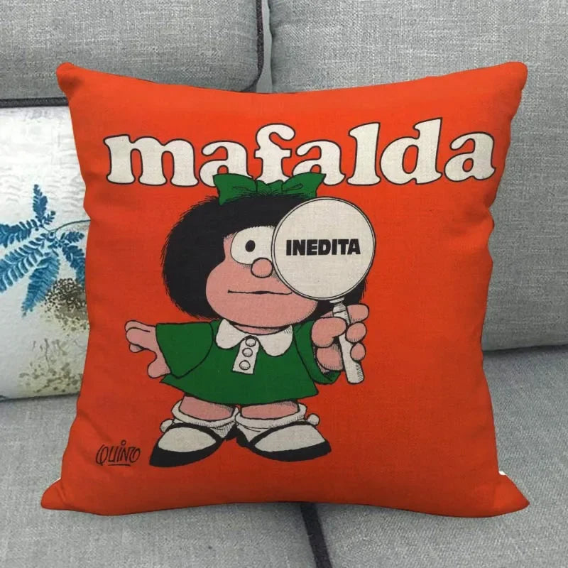 No-EN-Name-Null Customized Multicolor Square Machine Washable Soft Linen-Cotton Fabric Printed Mafalda Pillowcases/ Sizes: 45X45(One Sided)/Colors-Red/Purple/Beige/White/Pink/Blue/Black/Floral/Multicolor
