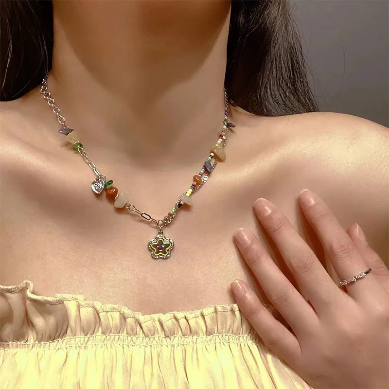 No-EN-Name-Null Adults Women Vintage Imitation Zinc Alloy Metals Imitation Bohemian Natural Crystal Stones Flower Dangle-Hearts-Smiling Star Multicolored Beaded Pendant Necklaces/Colors-Floral/Multicolor
