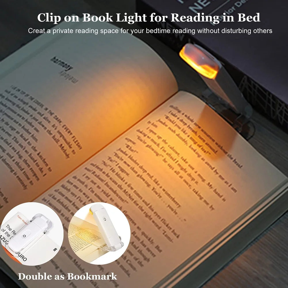 PZSUNLY Mini White Plastic Rectangle Shaped Body Lightweight Bookmark LED Light Eye Protection Amber Glow Flexible Metal Clip-On Dimmable USB Rechargeable Reading Book Lights/Colors-Black/Pink/Blue/White/Beige