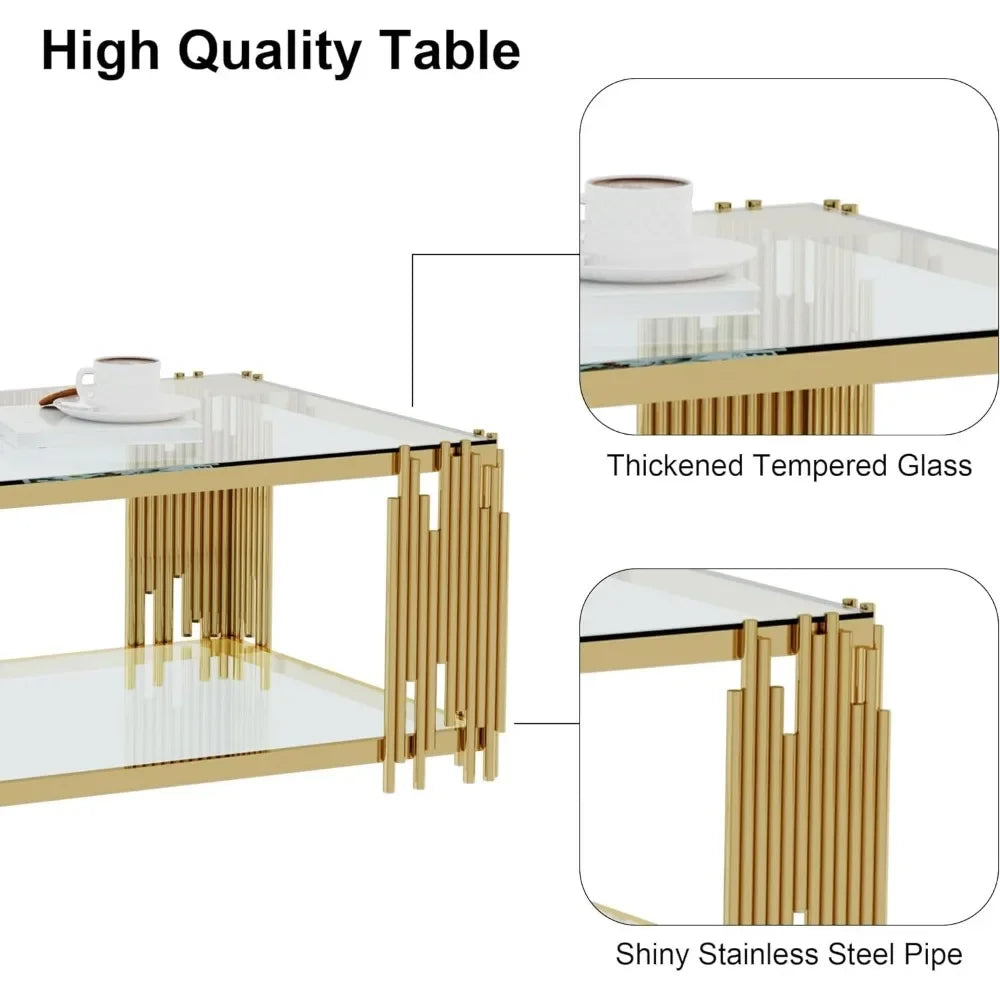 RUO WU Modern Clear Tempered 8MM Thick Glass Top Rectangle Shaped Gold Stainless Steel Pipe Welded Legs Coffee Tables