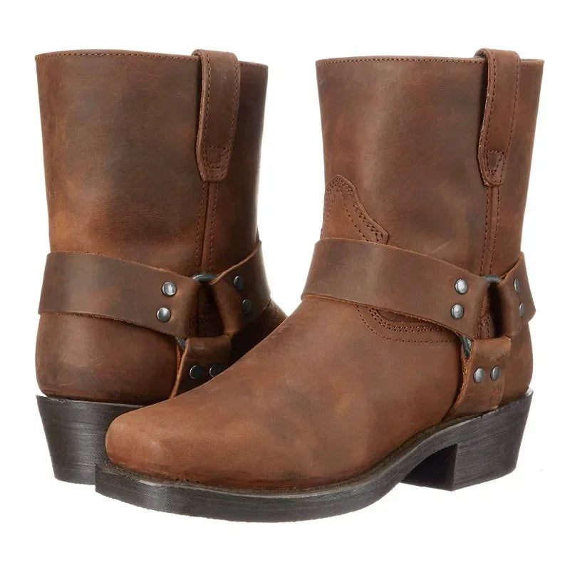 QUEZHOU Adult Men Black-Brown Round Toe Handmade Mid Calf Slip-On Leather Rubber Outsole Western Riding Boots/Sizes: 7-7.5-8-8.5-9-9.5-10-10.5-11-11.5-12