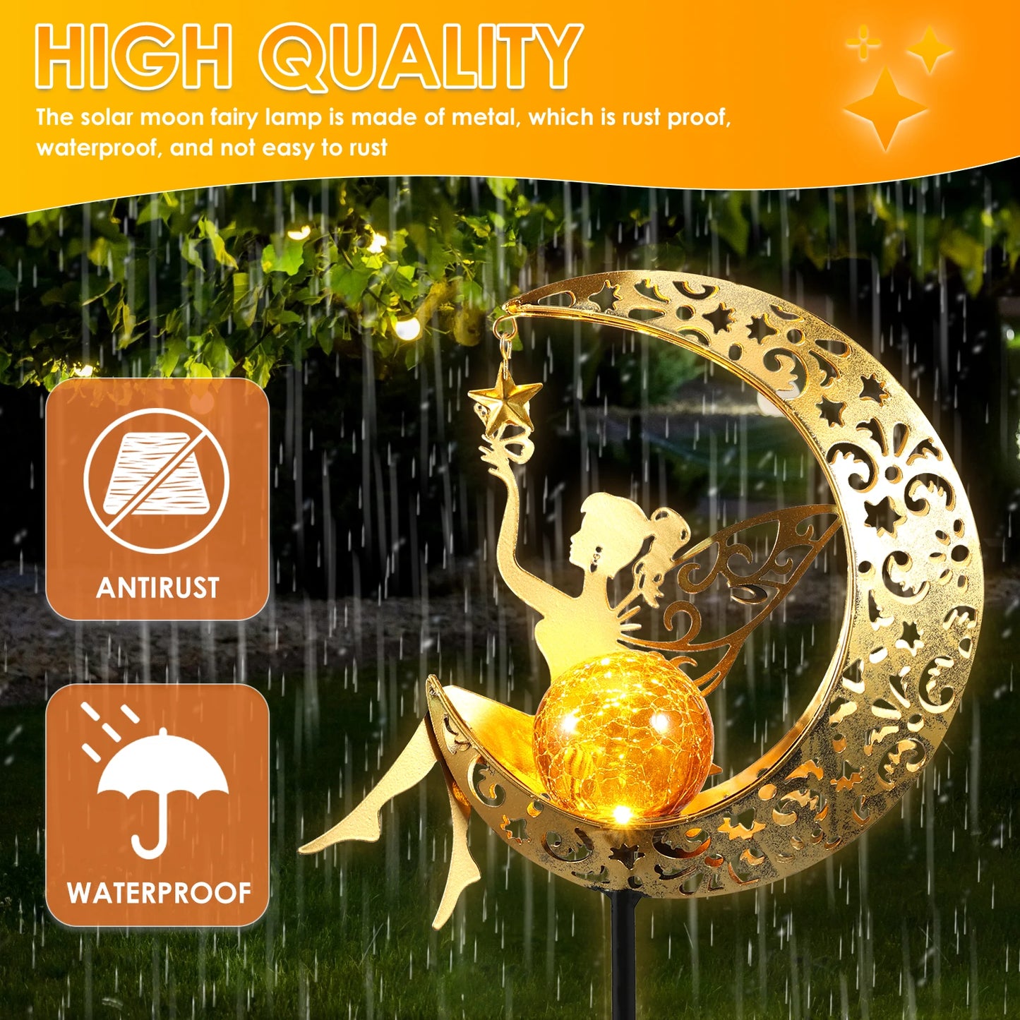 No-EN-Name-Null Outdoor Solar-Powered Fairy Sitting On A Half Moon-Stars Pattern LED Light Iron Metal Body Garden Landscape Pathway Lighting