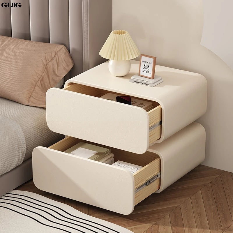 GUIG Modern Soft Microfiber Leather Abrasion-Scratch Resistant Curved Square Shaped Cream White Solid Wood Hidden Handles Two Drawers Nightstands/Colors-White/Dark Gray/Light Gray