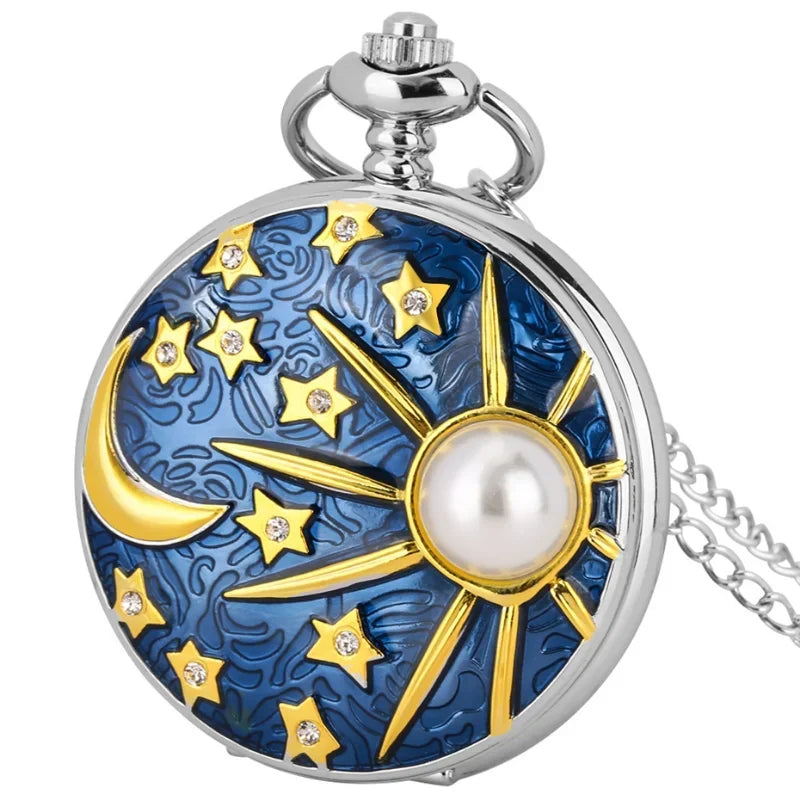 WECIN Adults Quartz Glass Face Metal Round Arabic Numeral On Front Blue Sea-Bronze Stars-Half Moon-Sun Inlaid Pearl-Geometric Silver Back Design Pendant Chain-Pocket Watches/Colors-Blue/Silver/Gold/White/Geometric