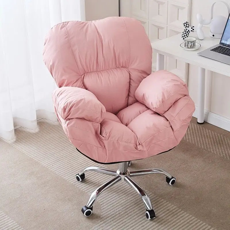 No-EN-Name-Null Mahjong Beige Upholstered Soft Plush Comfortable Fabric Adjustable Rotating Armed Five-Point Metal Four Roller Wheels Base Computer Office Chairs/Pull-Out Footrest/ Colors-Gray/Pink/White/Blue/Beige